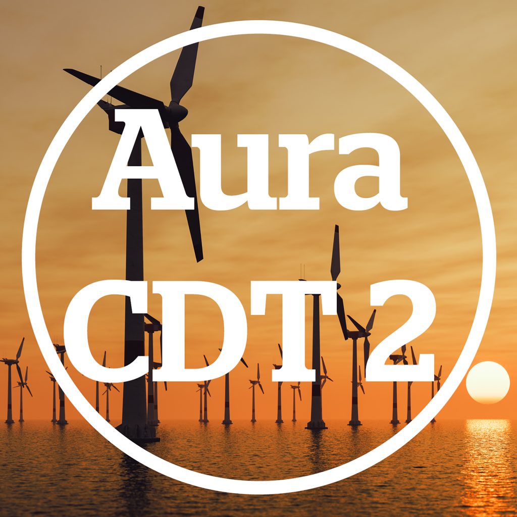Silhouetted wind turbines against and orange sky at sunrise overlaid with white circle and text saying Aura CDT 2