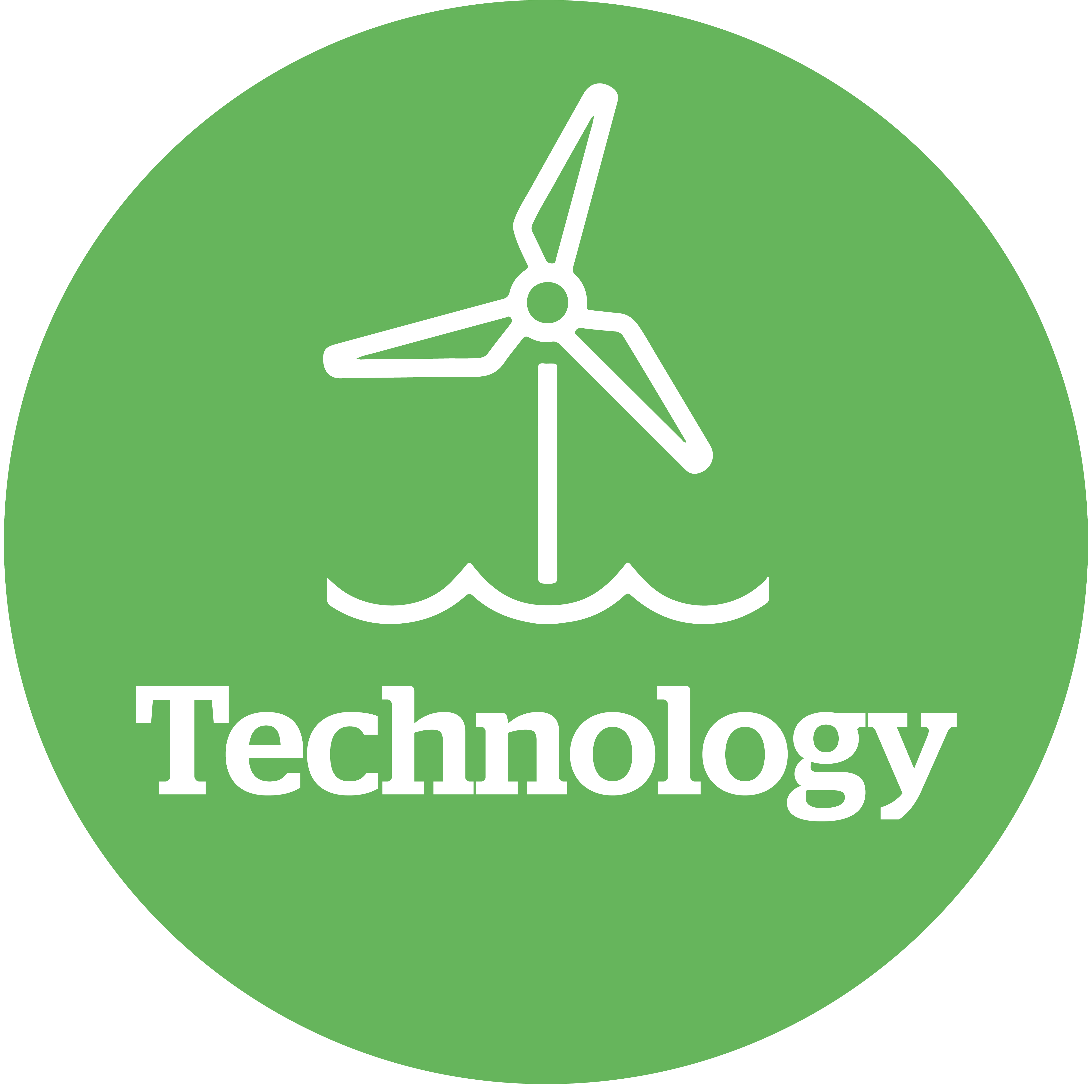 Icon saying 'technology' with line drawing of a turbine